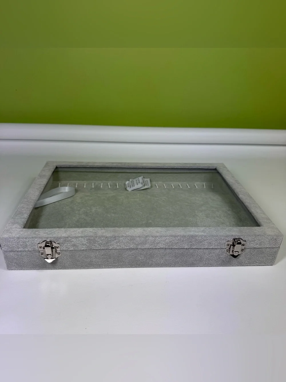 gray velvet jewelry organizer transparent glass lid metal latch closures